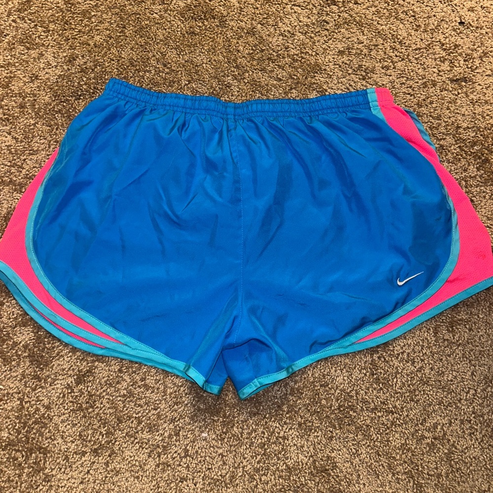 Nike Blue and Pink Athletic Shorts with Curved Hem